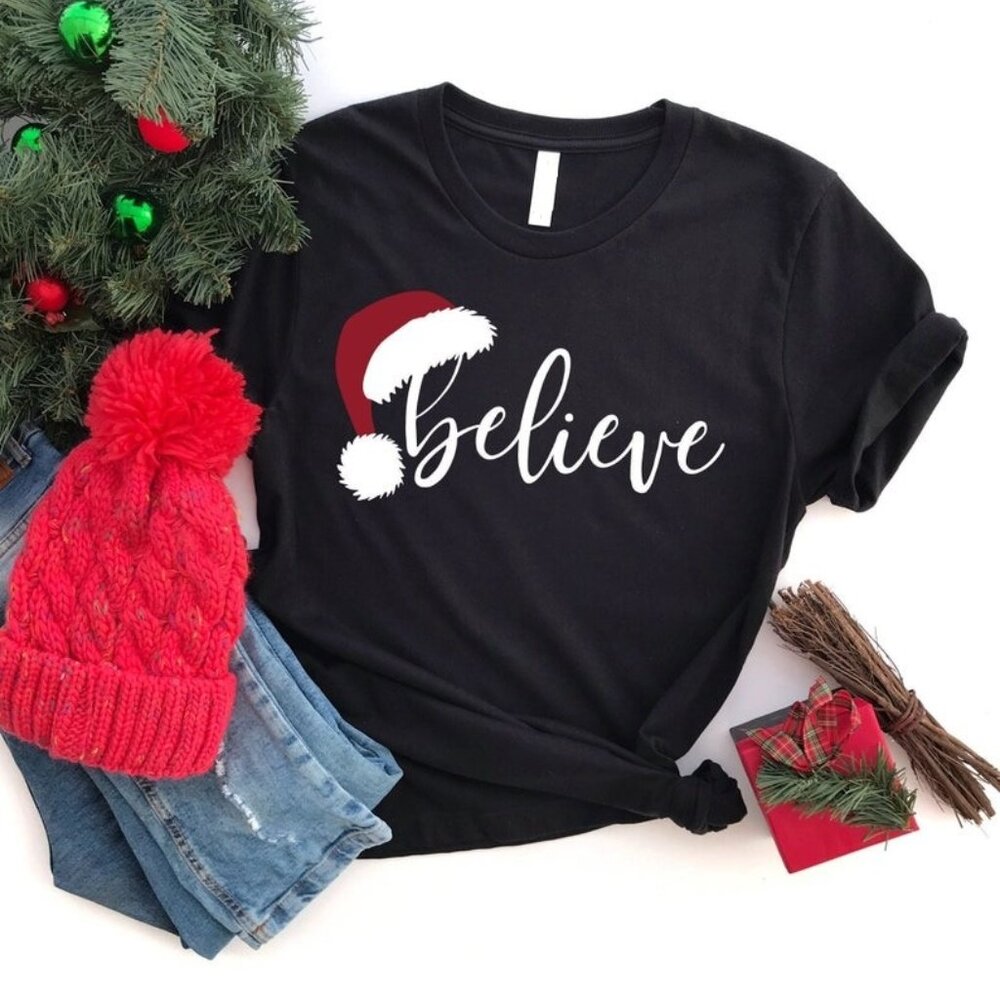 Believe Christmas Party Graphic T-Shirt Festive Holiday Believe Tee 96